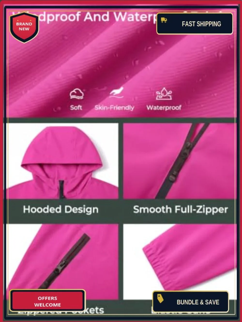 Girls Lightweight Zip Up Windbreaker Rain Jacket Hooded Water Repellent